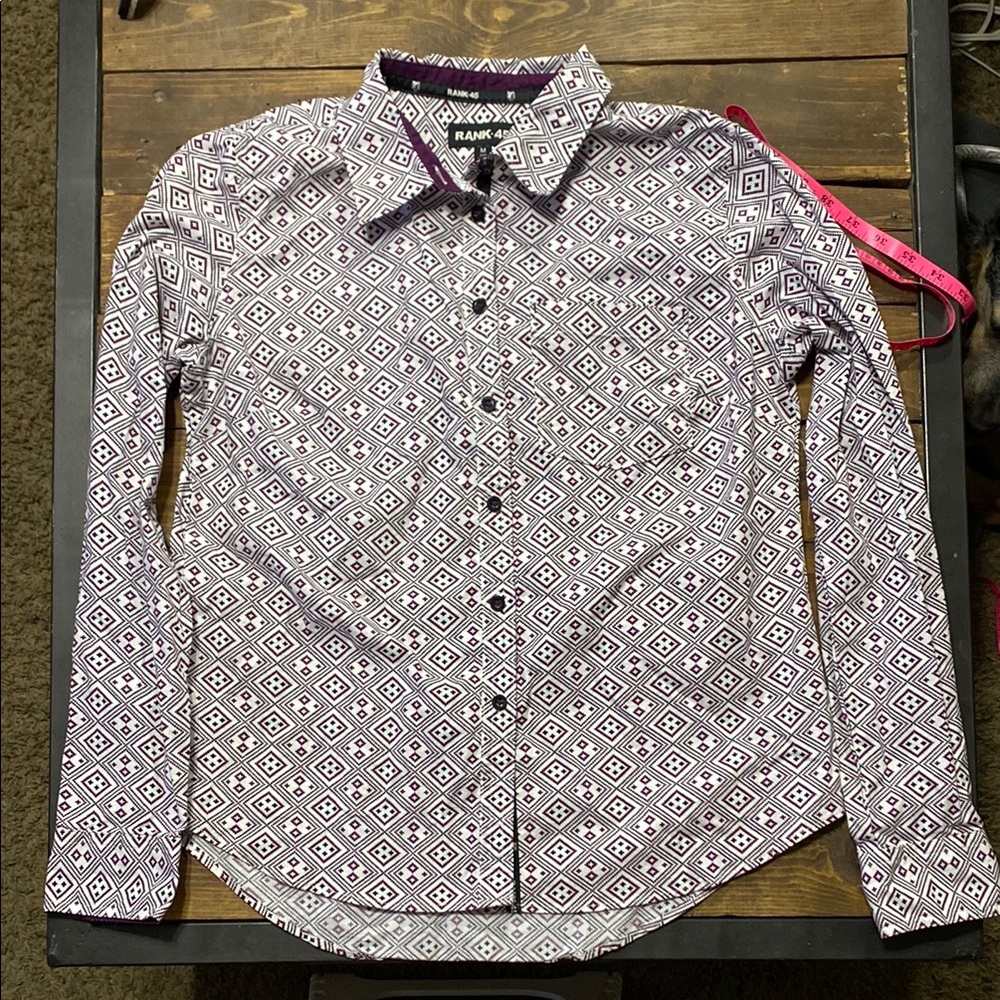 Rank 45 Women’s Button Down Geo Patterned Shirt White & Purple Size Medium